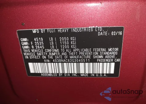 2016 Subaru Legacy 2.5I Premium from USA, damaged, VIN 4S3BNAC62G3040511